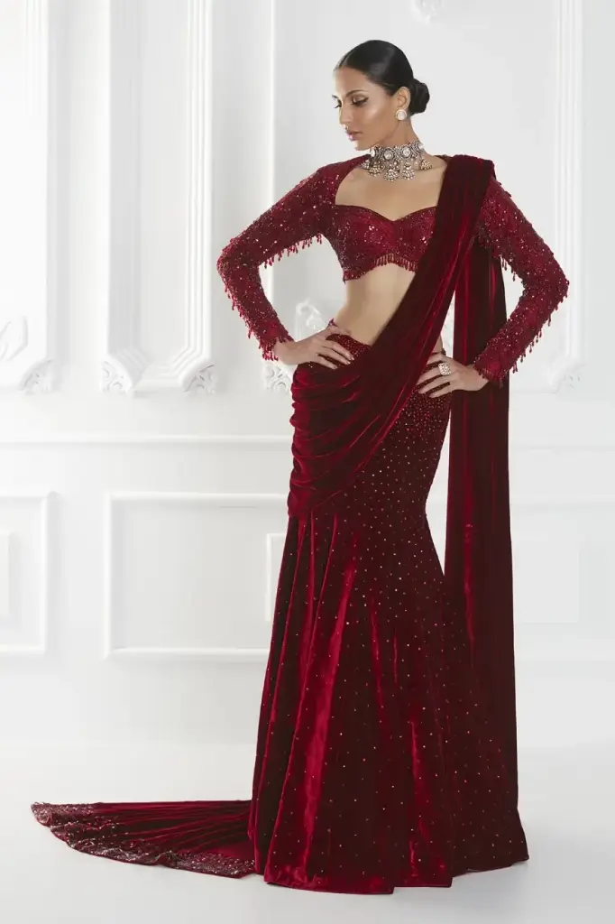 Red Velvet Saree Set