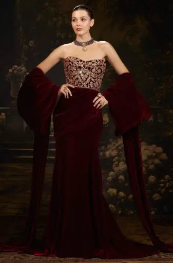 Bordeaux Velvet Draped-Style Gown 