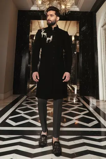 Black Sherwani Set with Embroidered Deer Motifs